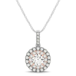 Round Shape Halo Diamond Pendant in 14k White and Rose Gold (1/2 cttw)