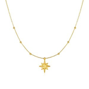 14k Yellow Gold Necklace with Eight Pointed Star and Beads