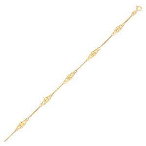 14k Yellow Gold Anklet with Fancy Diamond Shape Filigree Stations