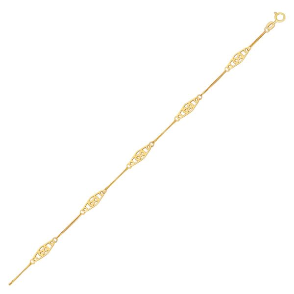 14k Yellow Gold Anklet with Fancy Diamond Shape Filigree Stations