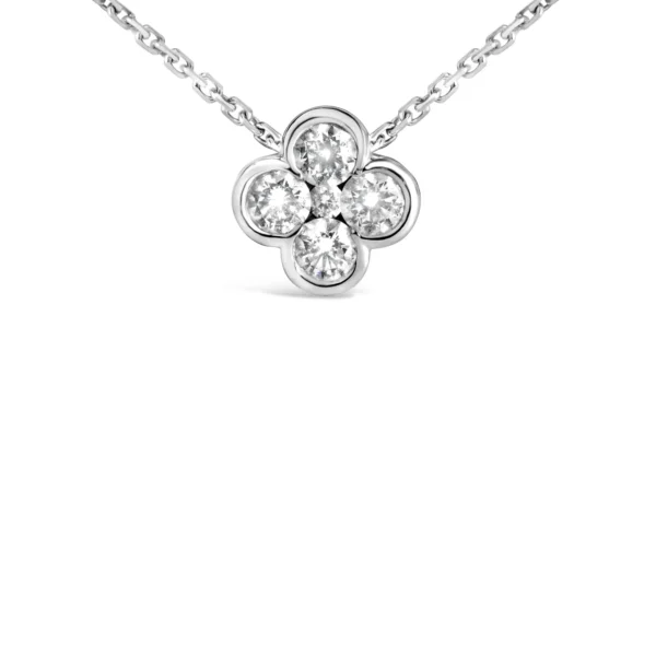 14K White Gold 1-2 Cttw Diamond Bezel 4 Point Floral Bloom 18" Inch Pendant Necklace (H-I Color, VS2-SI1 Clarity)