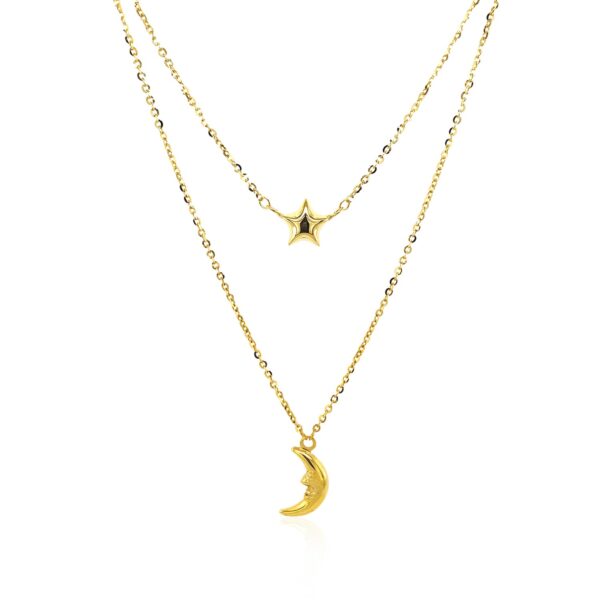 14k Yellow Gold Double-Strand Chain Necklace with Puff Moon and Star - Image 2