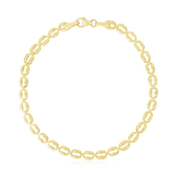 14k Yellow Gold High Polish Textured Puffed Oval Link Bracelet (3.8mm) - Image 2