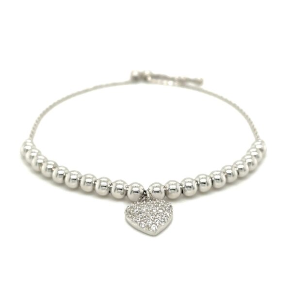 Adjustable Bead Bracelet with Round Charm and Cubic Zirconias in Sterling Silver - Image 2