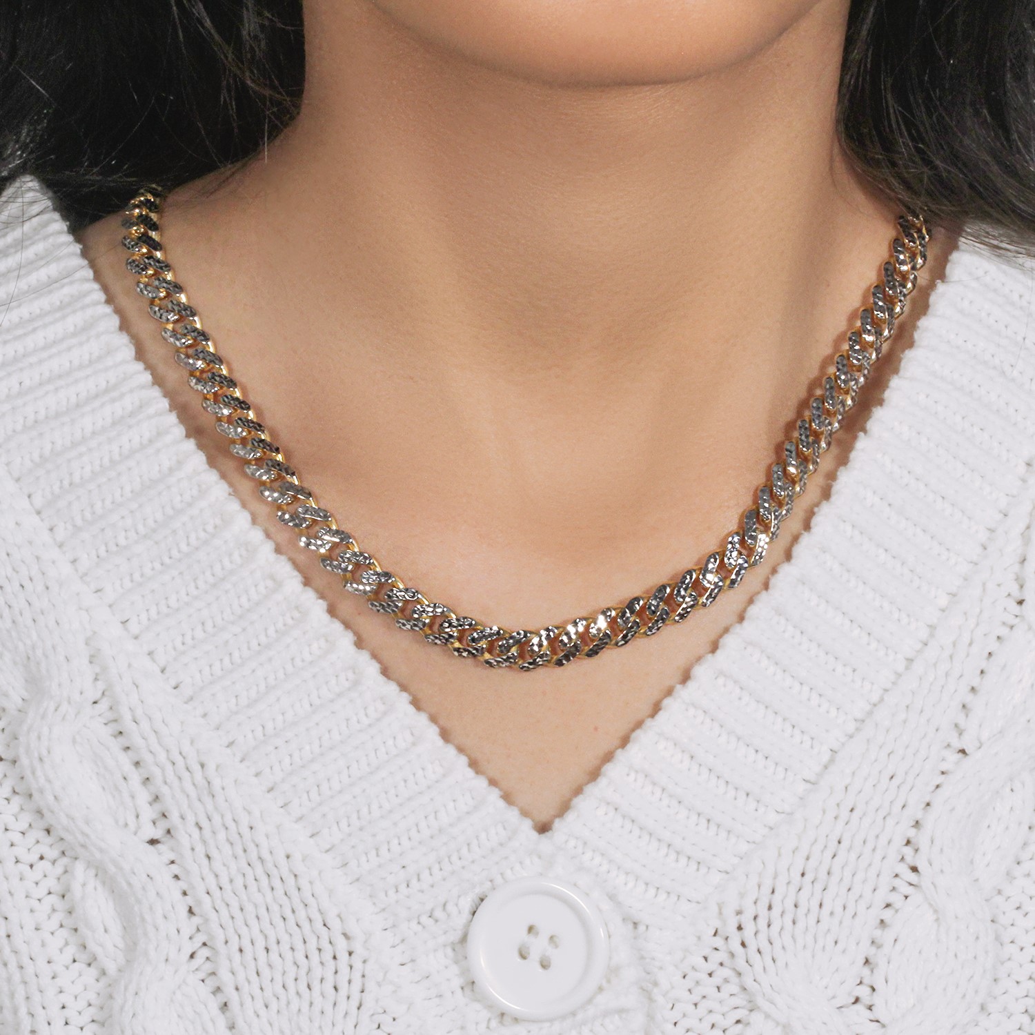 14k Yellow Gold White Pave High Polish Modern Lite Miami Cuban Chain (8.0mm) - Image 2