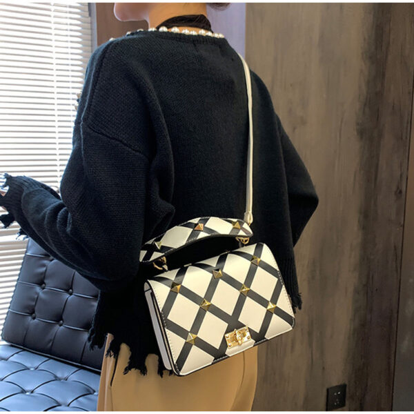 Leather Bags Women New 2022 Square Shoulder Bags Classic Black And White Plaid Messenger Bags Checkerboard Fashion Metal Rivet - White 15x20x7cm - Image 2