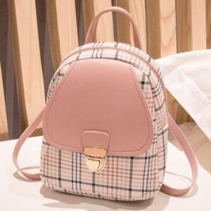 Ladies Check Lock Small Backpack One Shoulder Diagonal Handbag Coin Purse - Pink