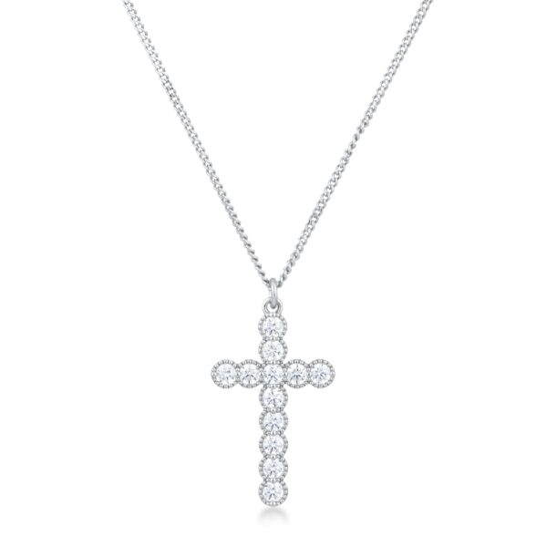 Micro Beaded Rhodium Plated Clear CZ Cross Pendant - Image 2