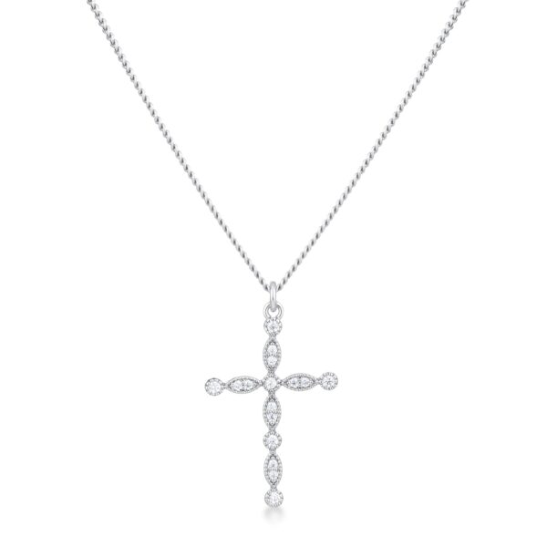 Delicate Vintage Rhodium Plated Clear CZ Cross Pendant - Image 2