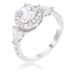 XXCt Rhodium 3-Stone Clear CZ Round Halo Pear Engagement Ring, <b>Size 5</b>