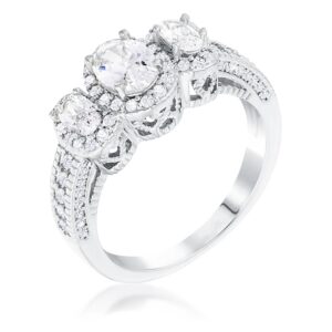 Rhodium Plated 3-Stone Clear Oval Cut CZ Halo Ring, <b>Size 5</b>