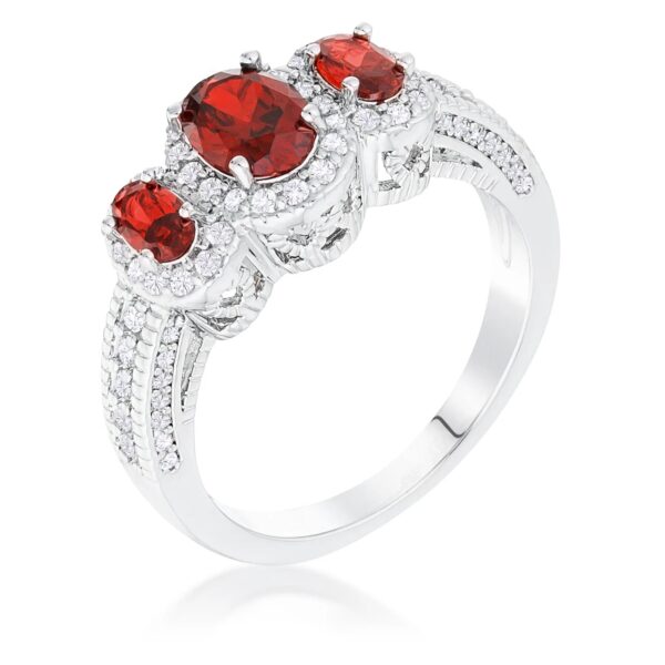 Rhodium Plated 3-Stone Garnet Oval Cut CZ Halo Ring, <b>Size 5</b>